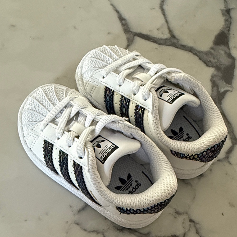 Adidas Kids White Sneakers with Black and Blue Stripes